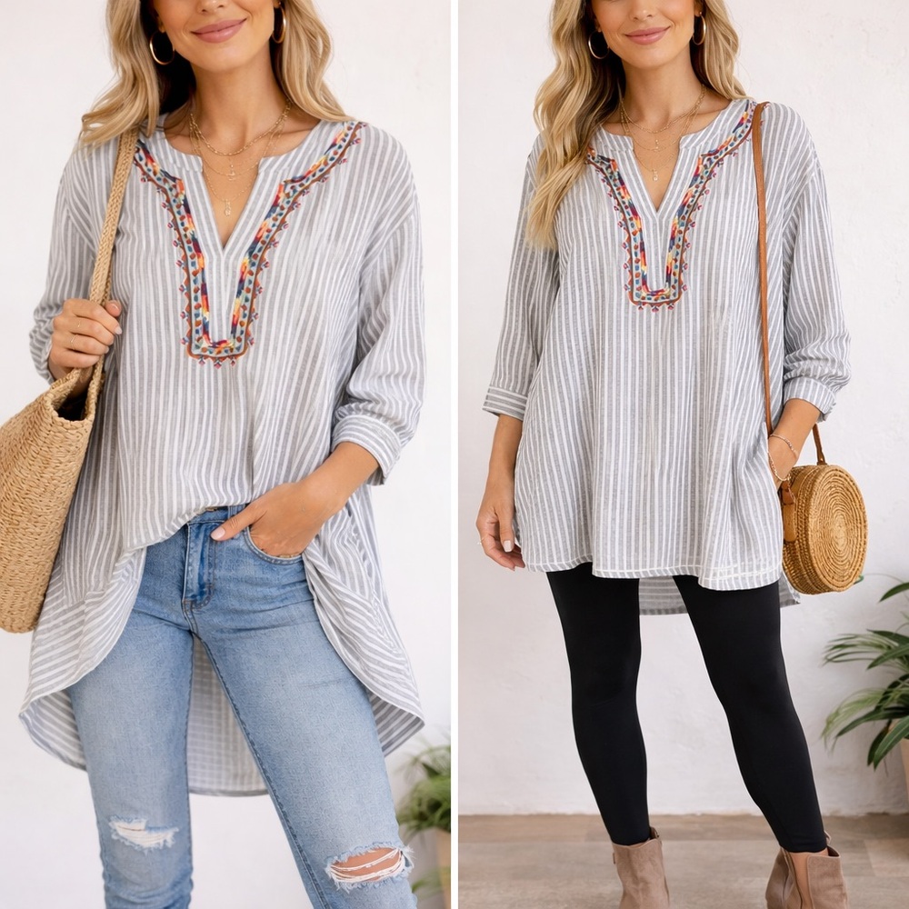 World Market Striped Tunic with Embroidery